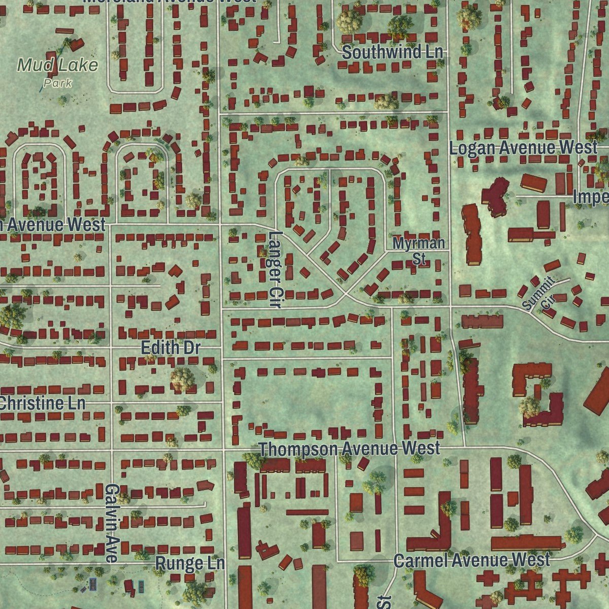 Close-up of the map of West St. Paul, Minnesota print showing street and building detail