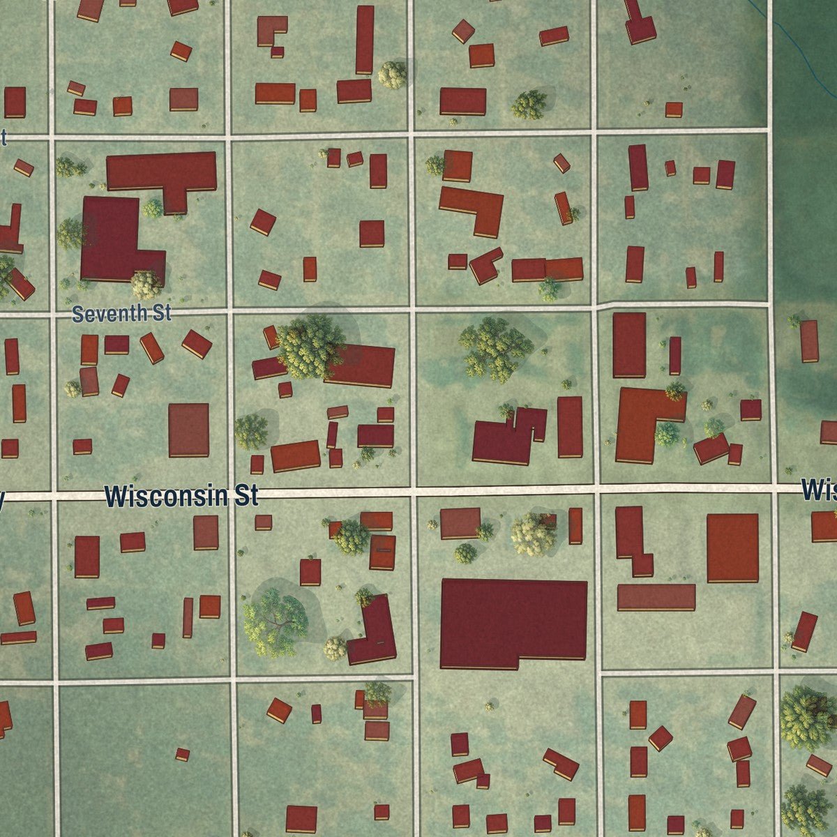 Close-up of the map of Cawker City, Kansas print showing street and building detail
