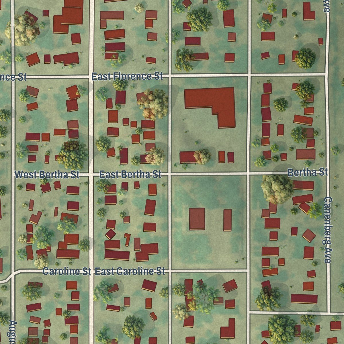 Close-up of the map of Bassett, Nebraska print showing street and building detail