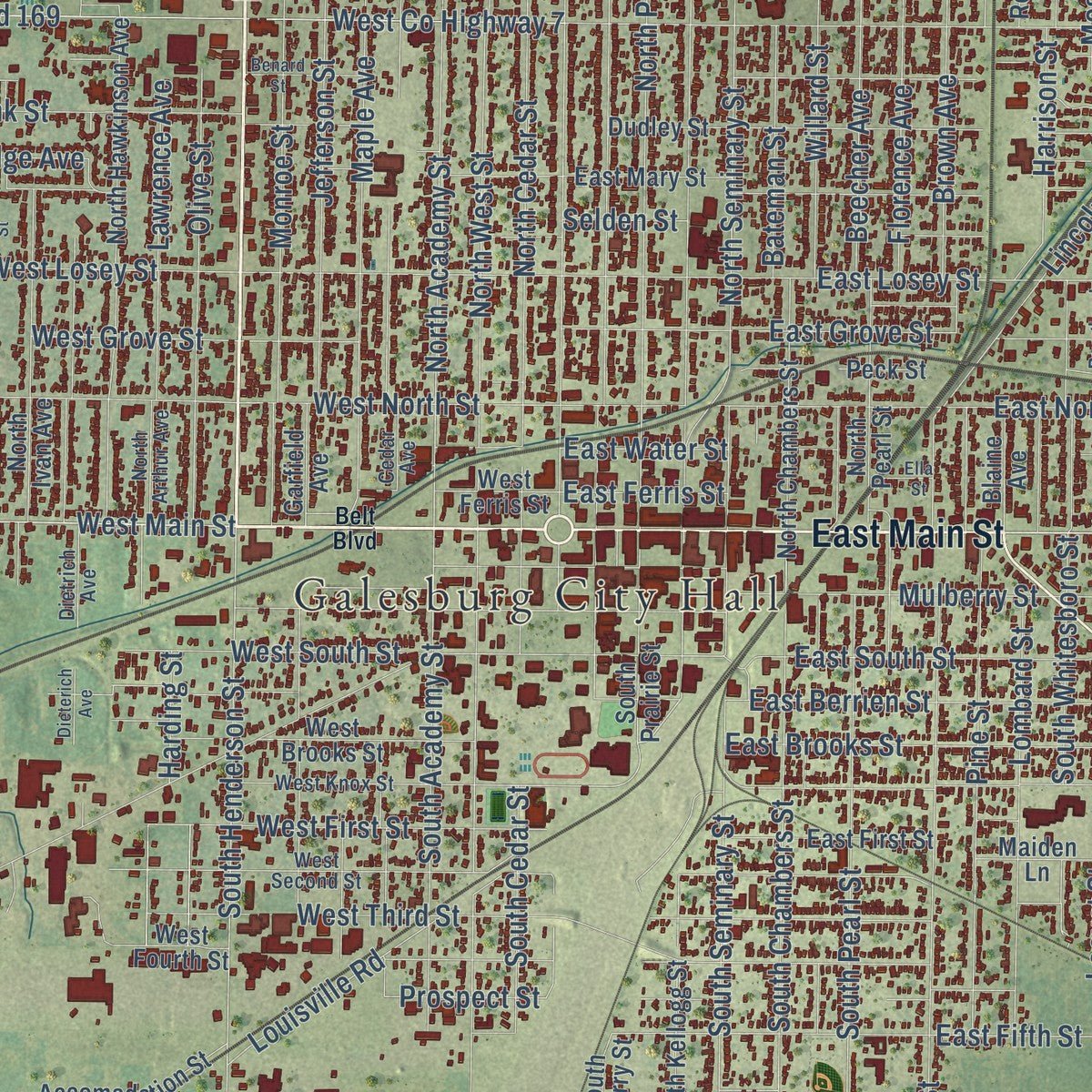 Close-up of the map of Galesburg, Illinois print showing street and building detail