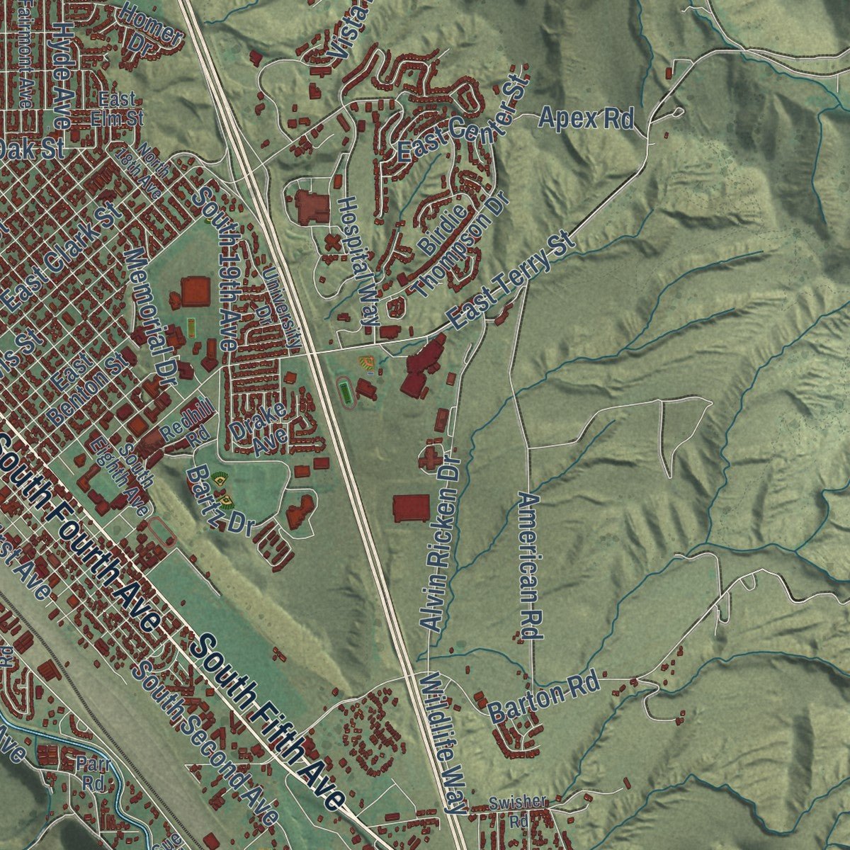 Close-up of the map of Pocatello, Idaho print showing street and building detail