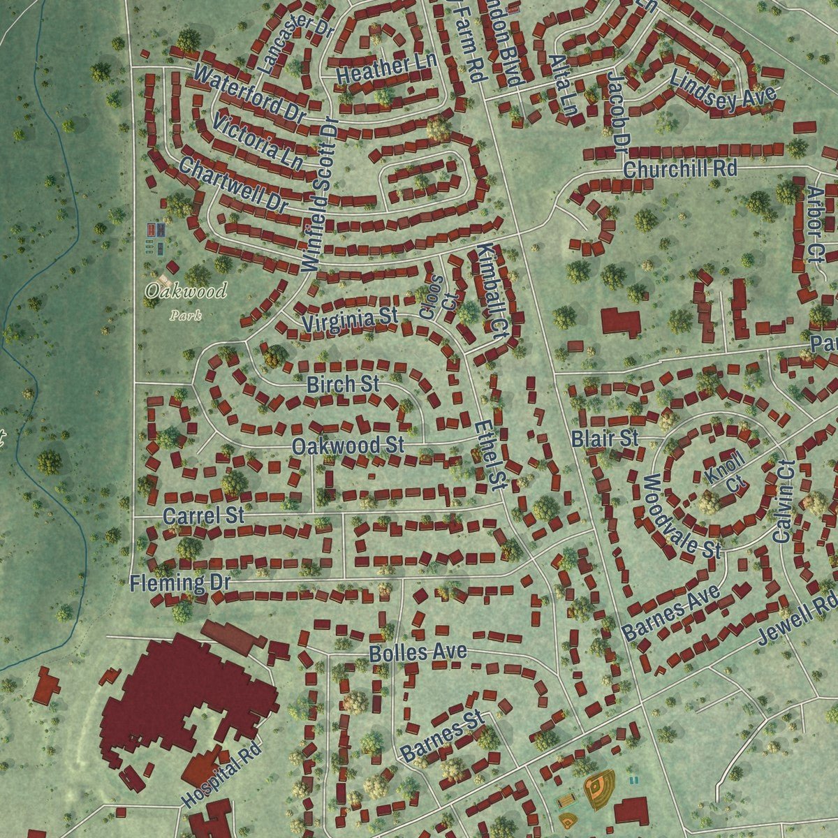 Close-up of the map of Winfield, Illinois print showing street and building detail