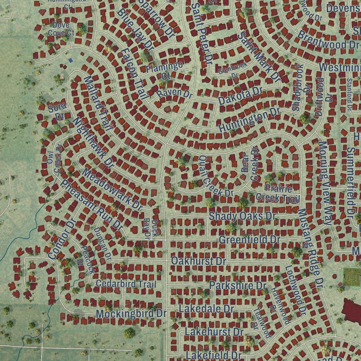 Close-up of the map of Murphy, Texas print showing street and building detail