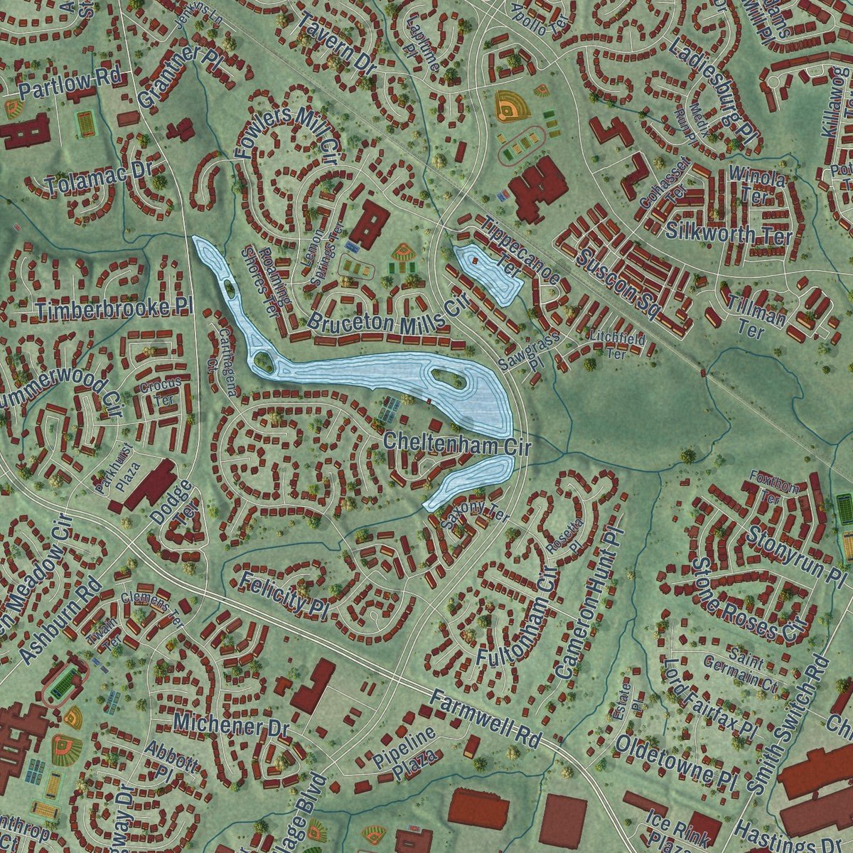 Close-up of the map of Ashburn, Virginia print showing street and building detail