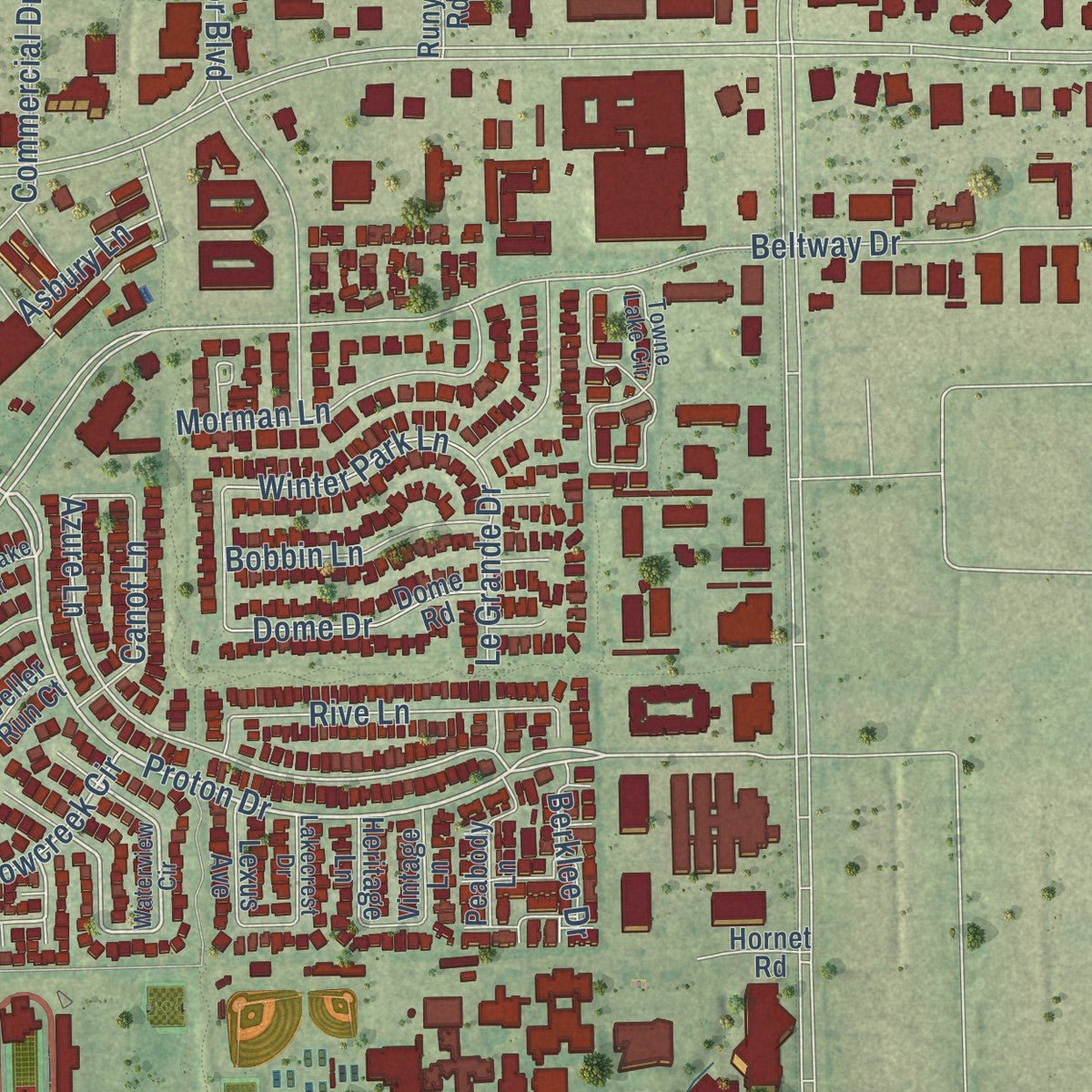 Close-up of the map of Addison, Texas print showing street and building detail