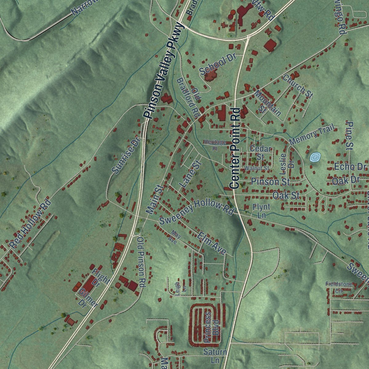 Close-up of the map of Pinson, Alabama print showing street and building detail