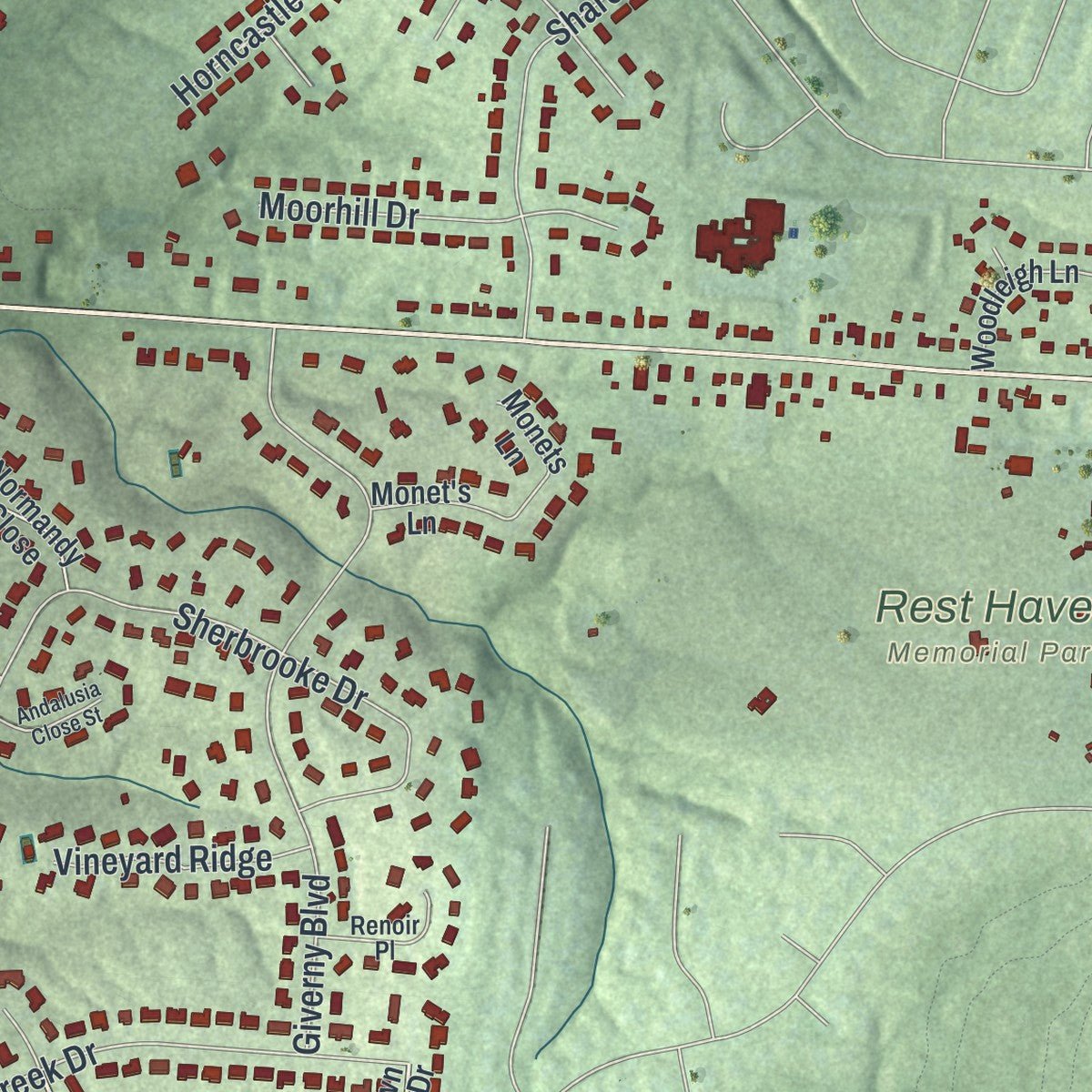 Close-up of the map of Evendale, Ohio print showing street and building detail