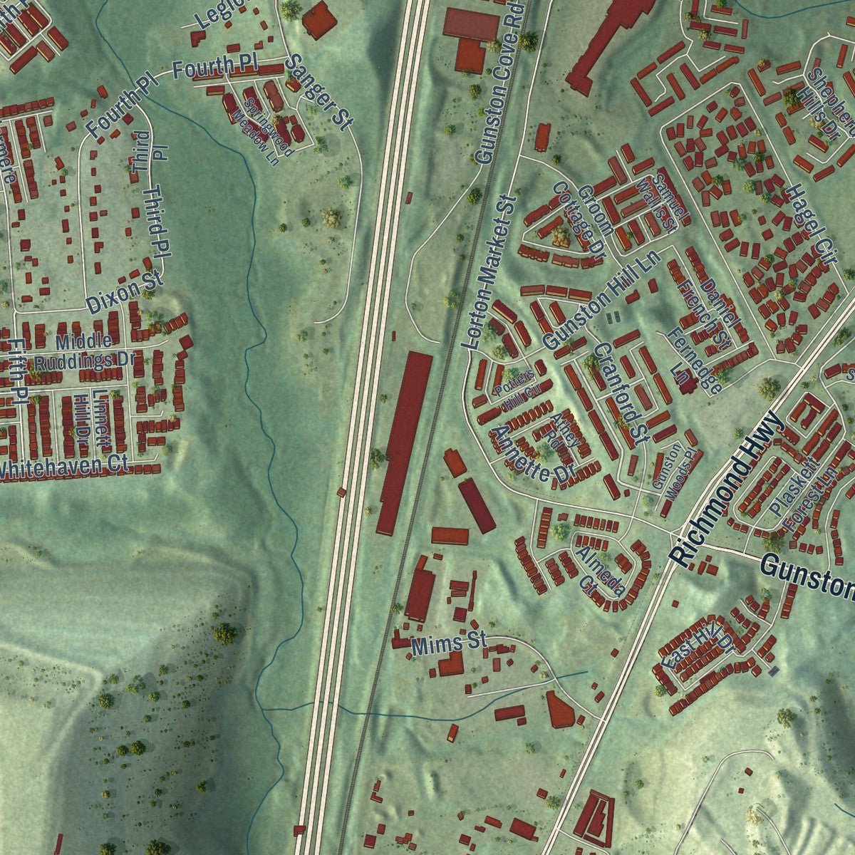Close-up of the map of Lorton, Virginia print showing street and building detail