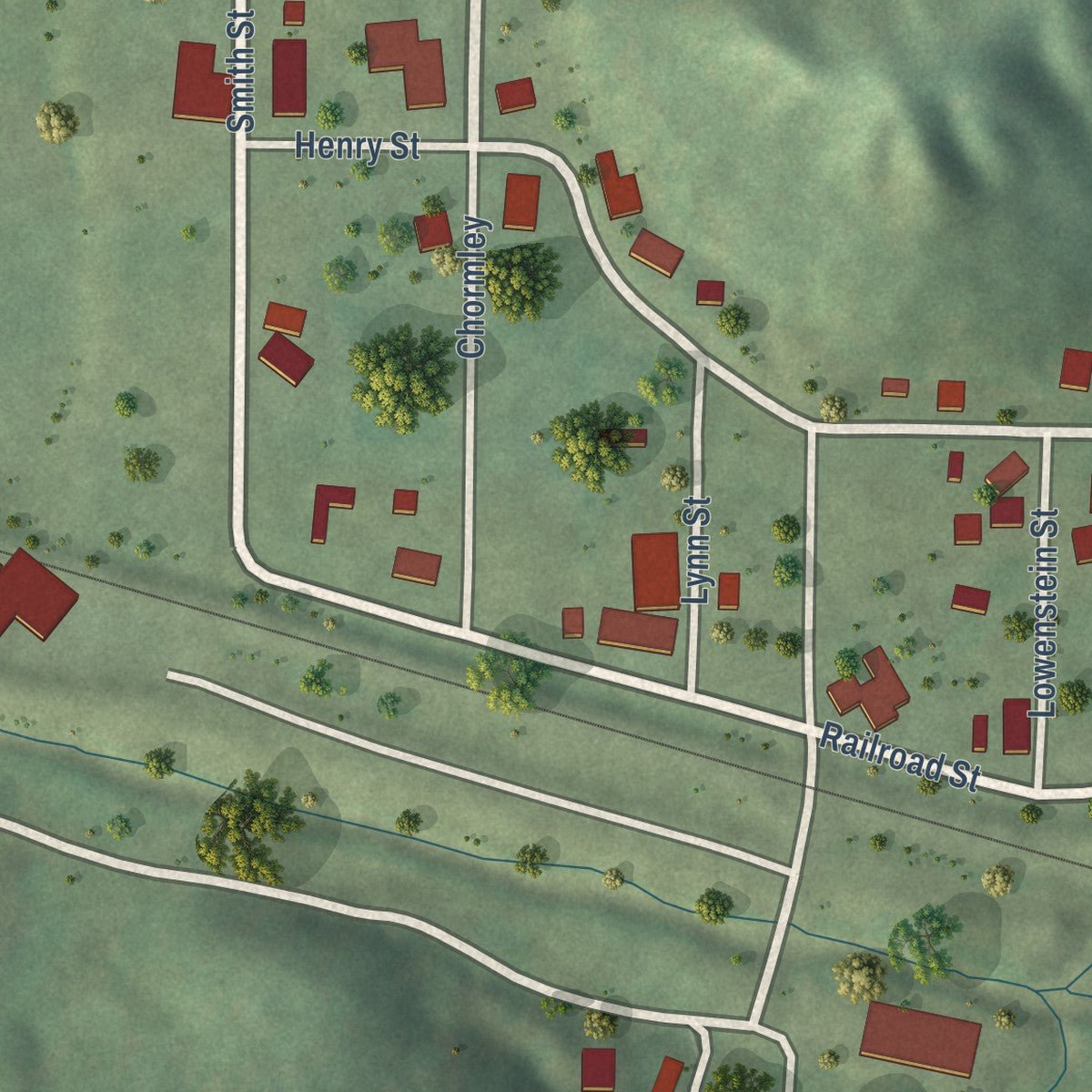 Close-up of the map of Hillview, Illinois print showing street and building detail
