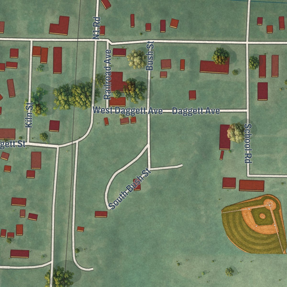 Close-up of the map of Daggett, Michigan print showing street and building detail