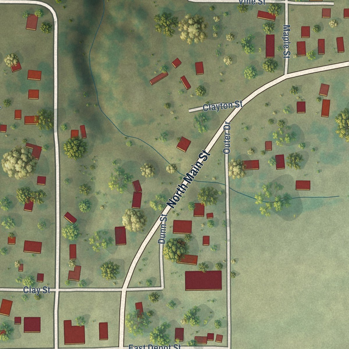 Close-up of the map of Chesterfield, Illinois print showing street and building detail