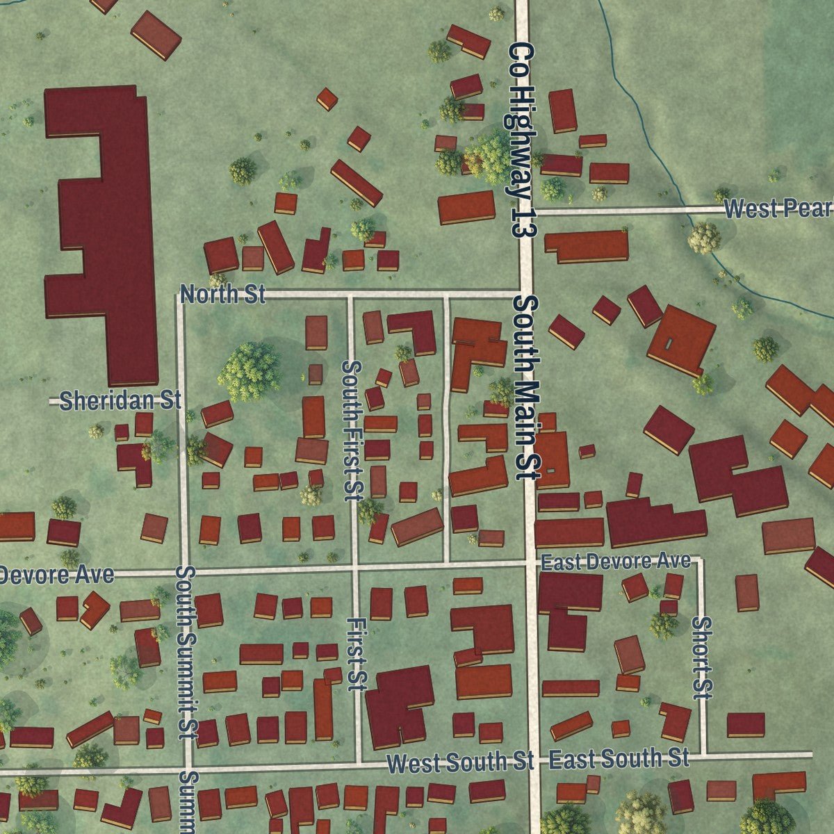 Close-up of the map of Pearl City, Illinois print showing street and building detail
