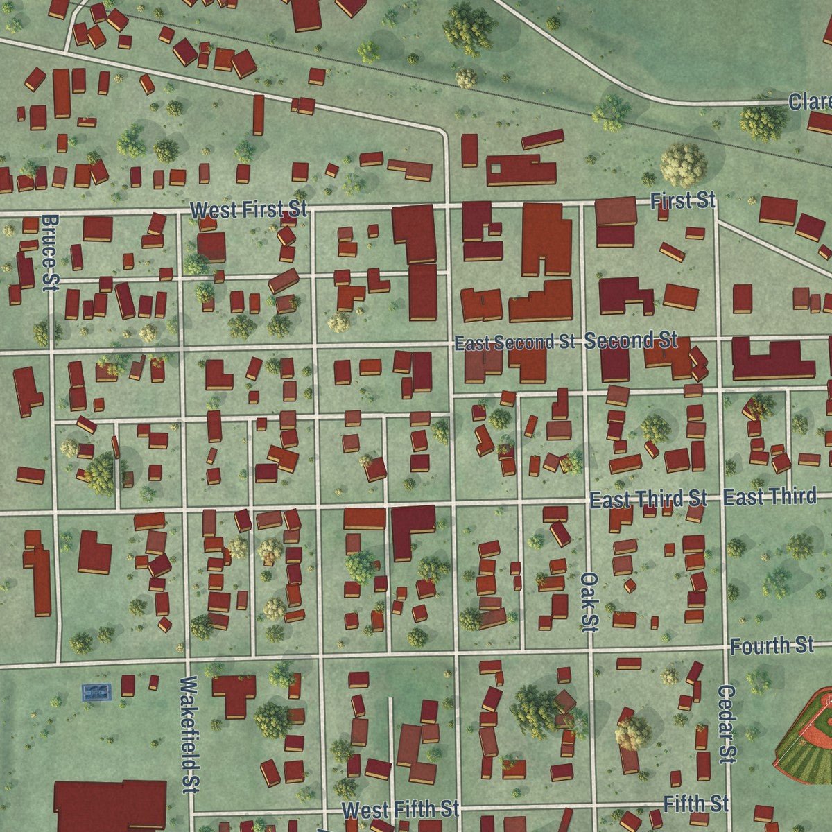 Close-up of the map of Laurel, Nebraska print showing street and building detail