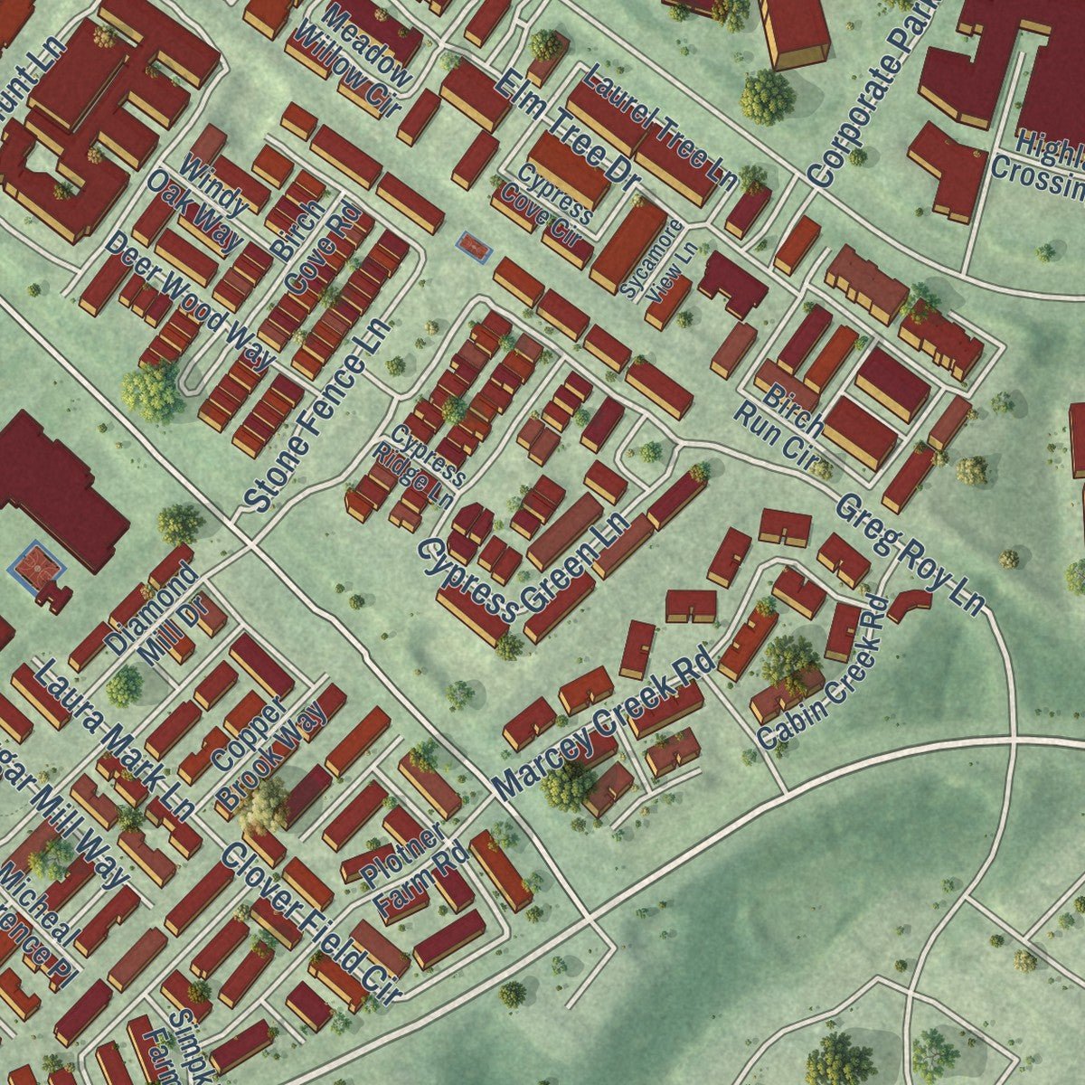 Close-up of the map of McNair, Virginia print showing street and building detail