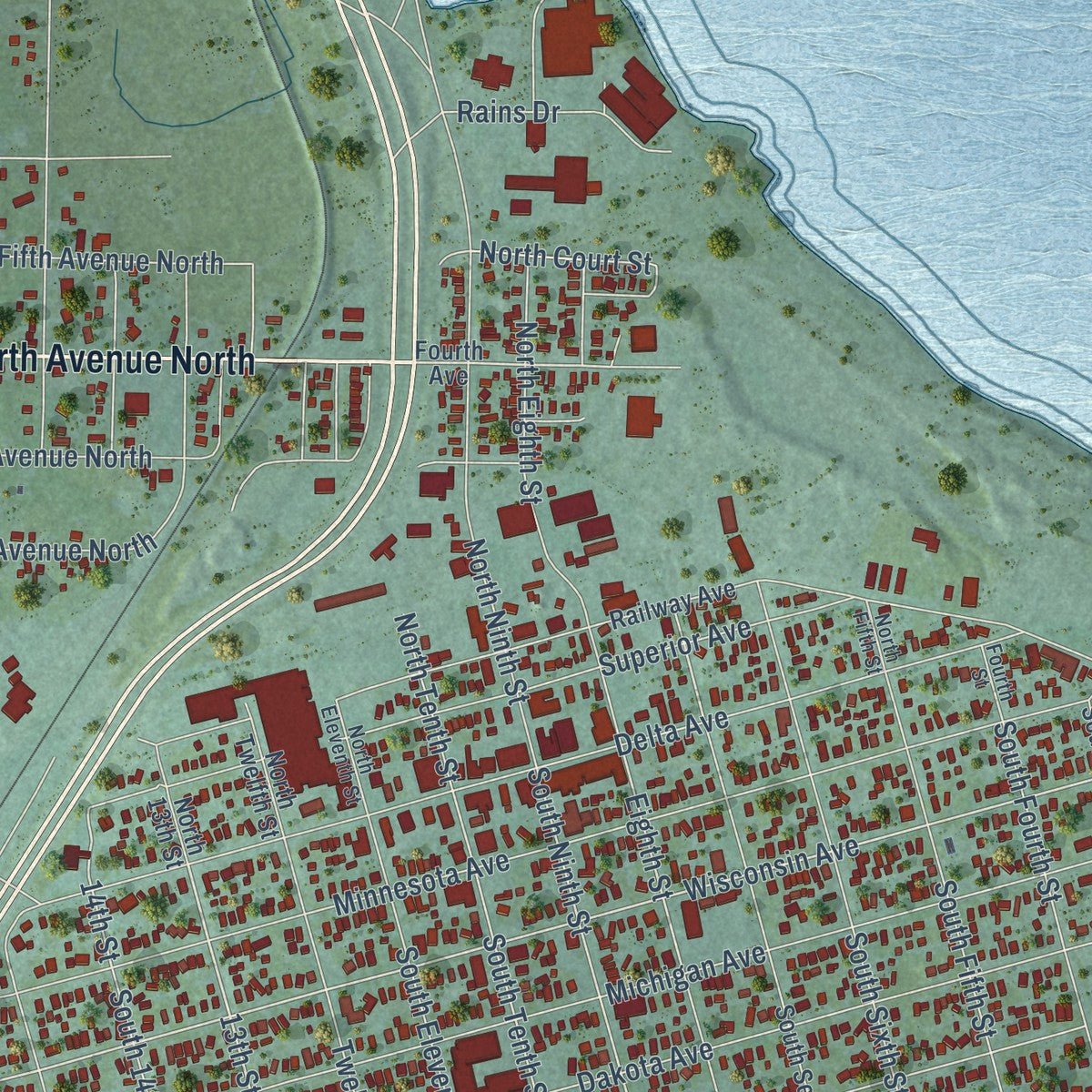 Close-up of the map of Gladstone, Michigan print showing street and building detail