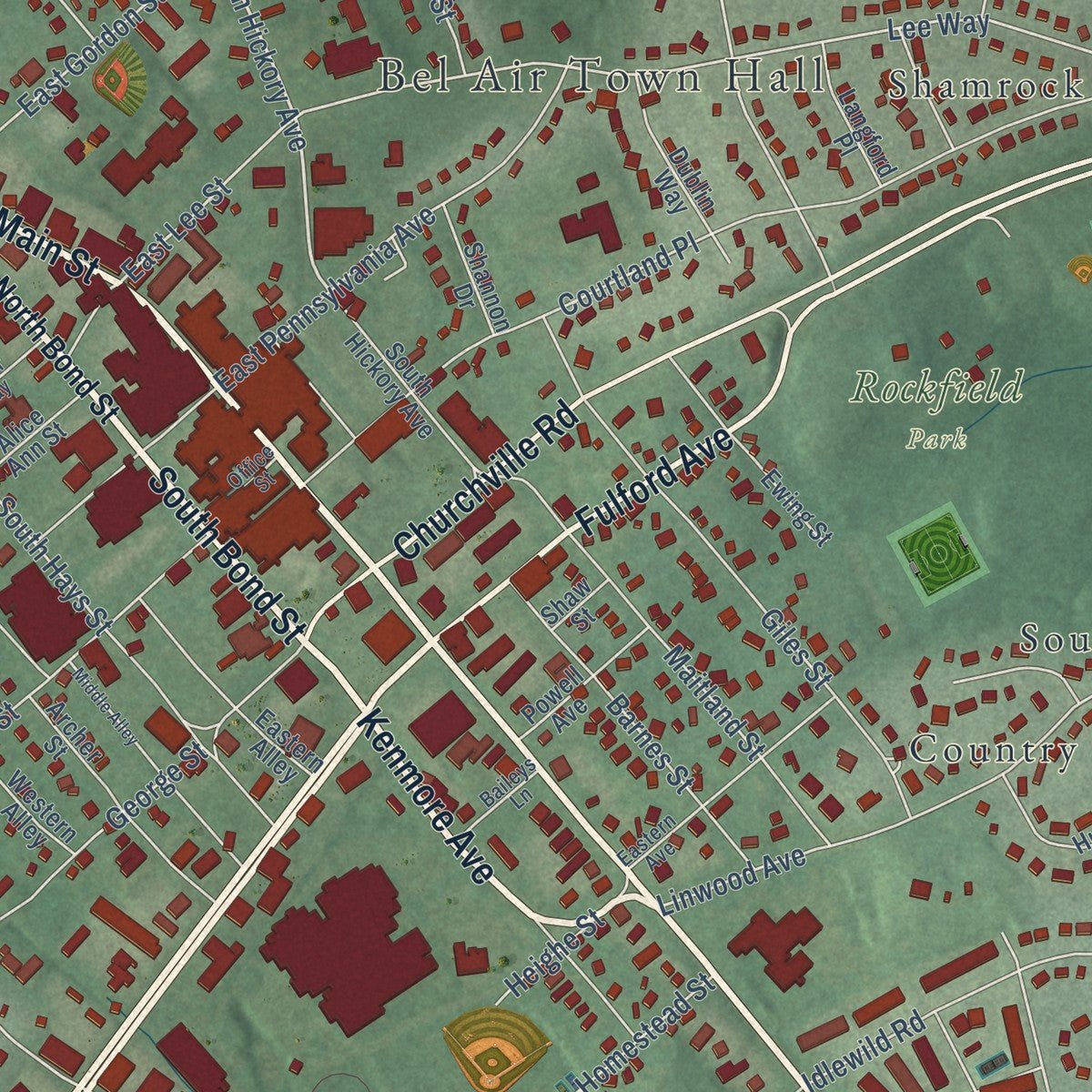 Close-up of the map of Bel Air, Maryland print showing street and building detail