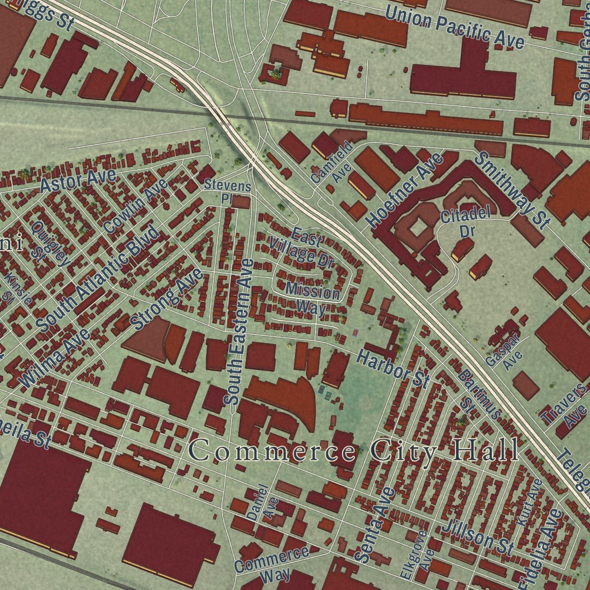 Close-up of the map of Commerce, California print showing street and building detail