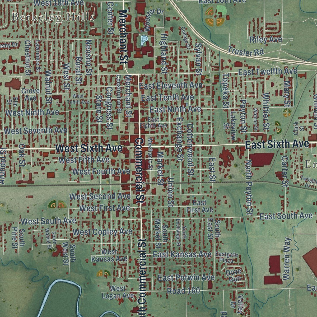 Close-up of the map of Emporia, Kansas print showing street and building detail