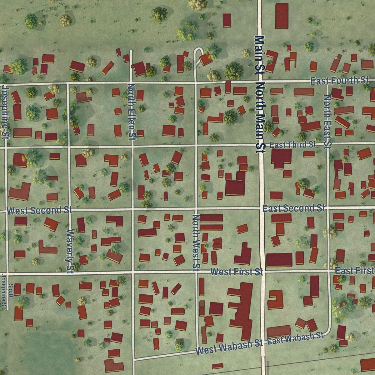 Close-up of the map of Homer, Illinois print showing street and building detail