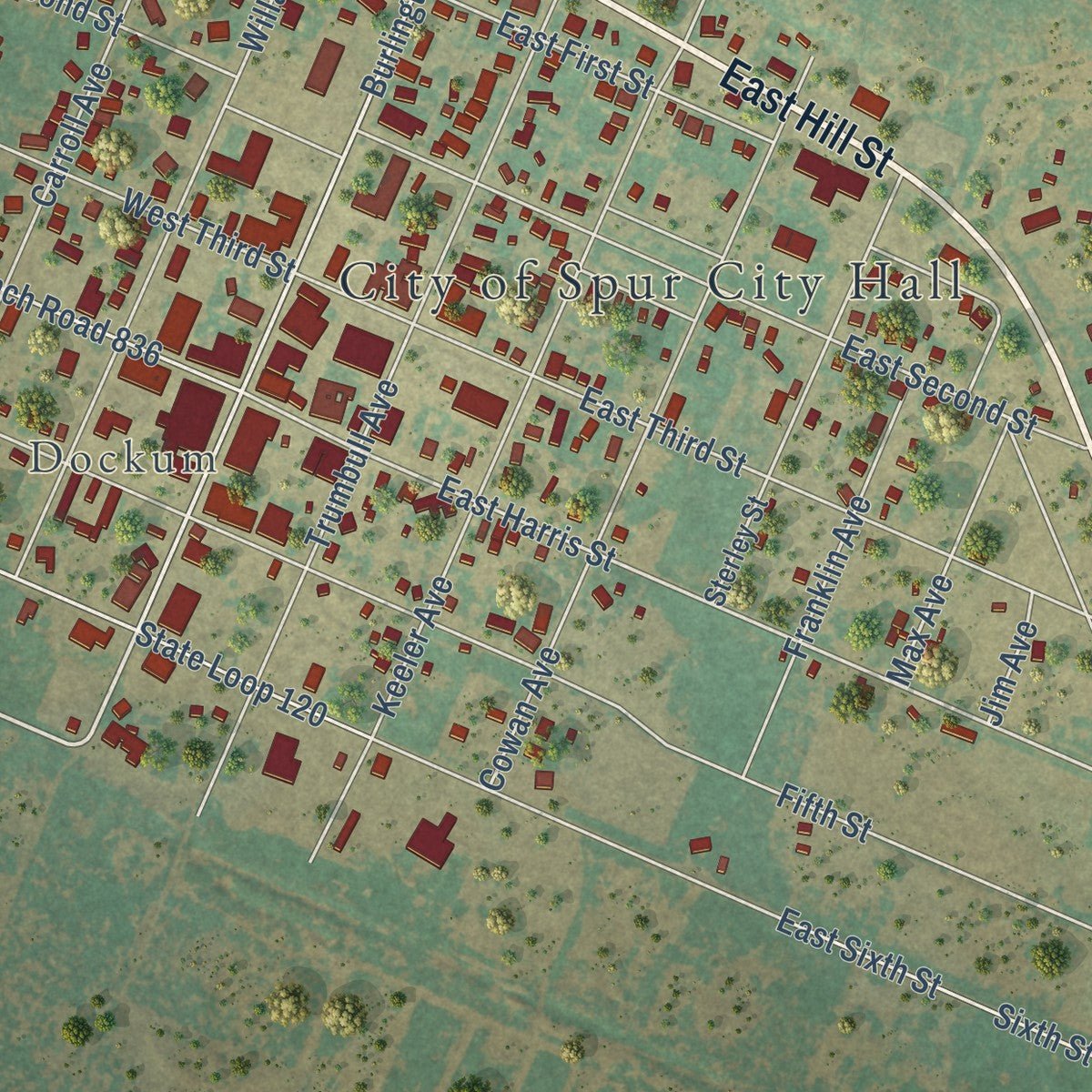 Close-up of the map of Spur, Texas print showing street and building detail