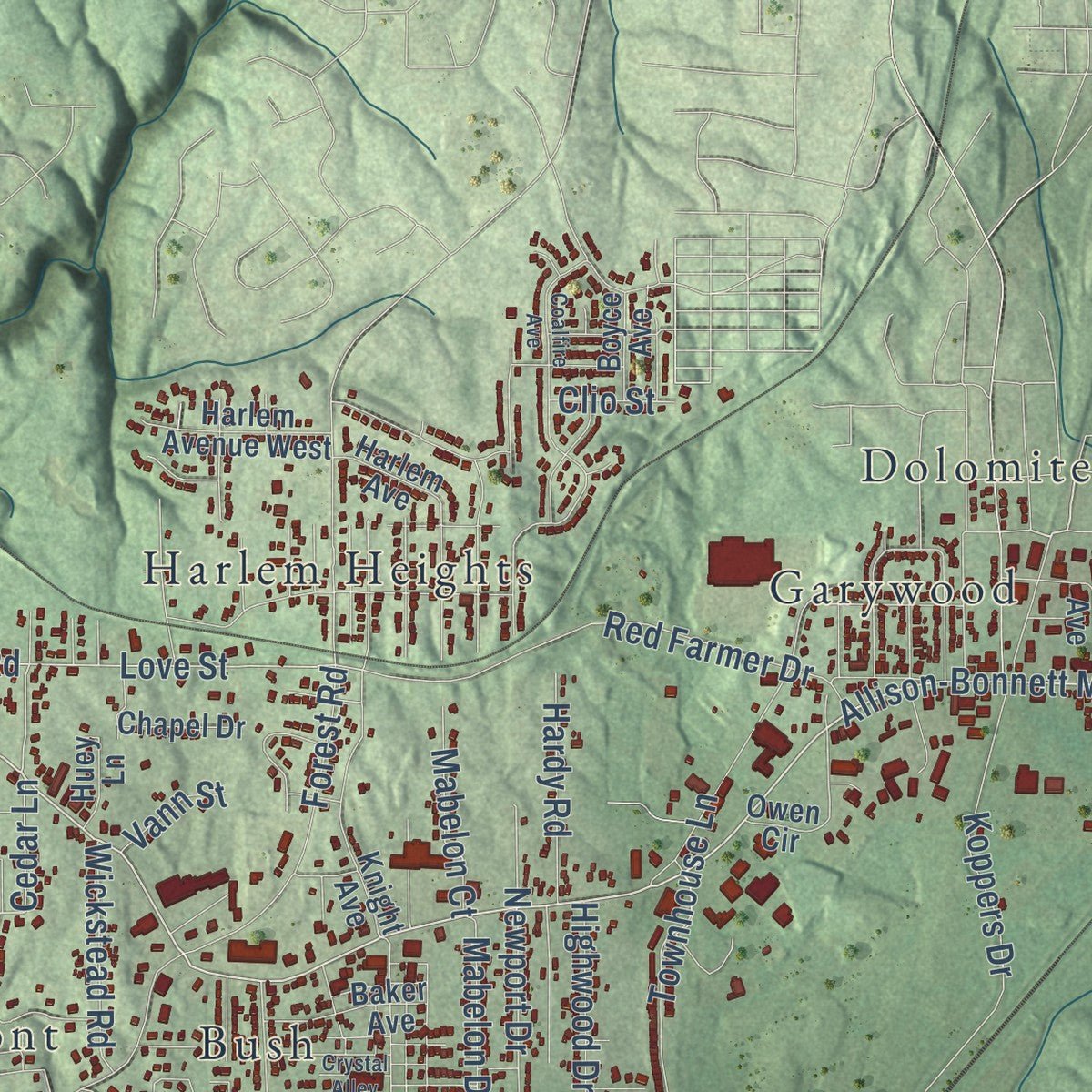 Close-up of the map of Hueytown, Alabama print showing street and building detail