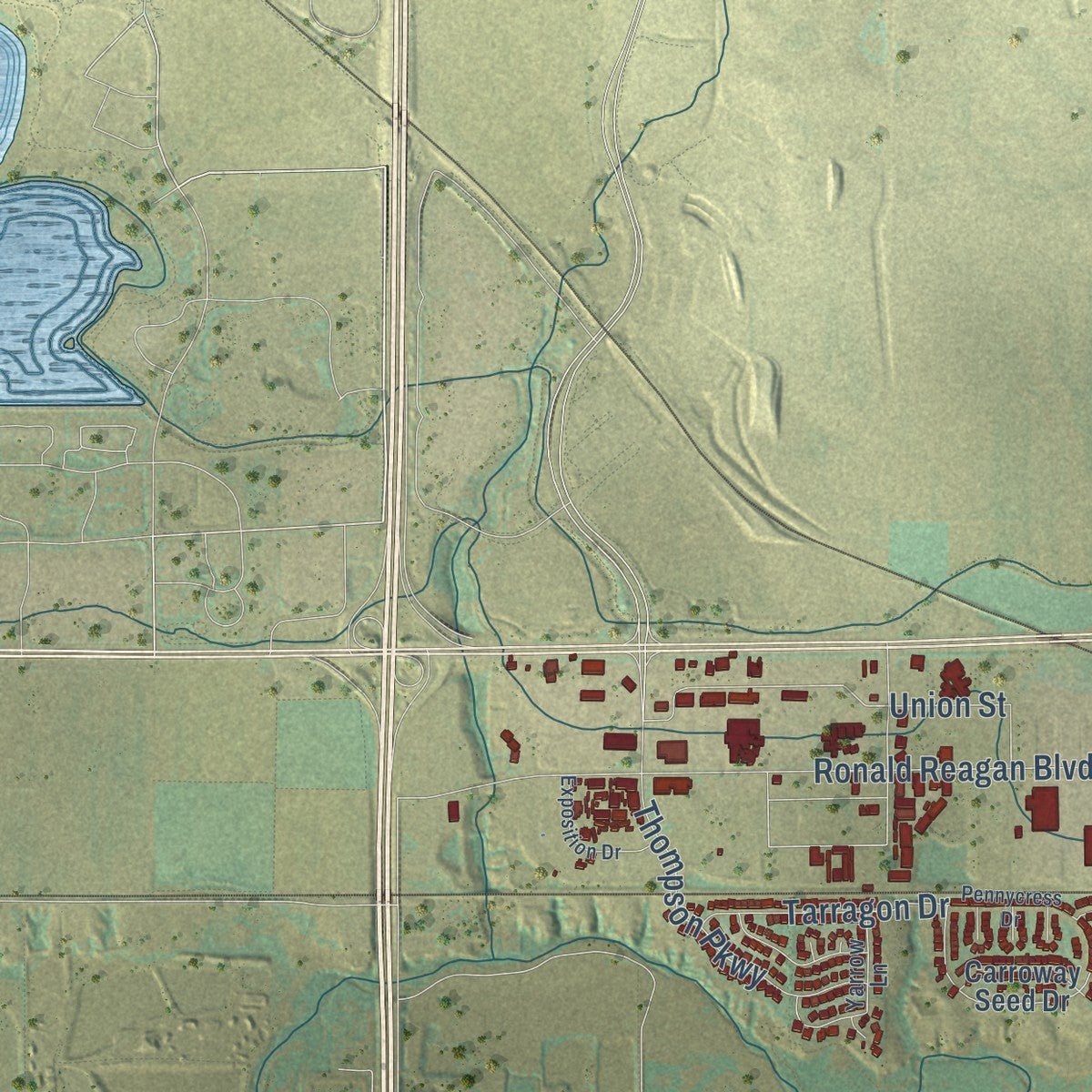 Close-up of the map of Johnstown, Colorado print showing street and building detail
