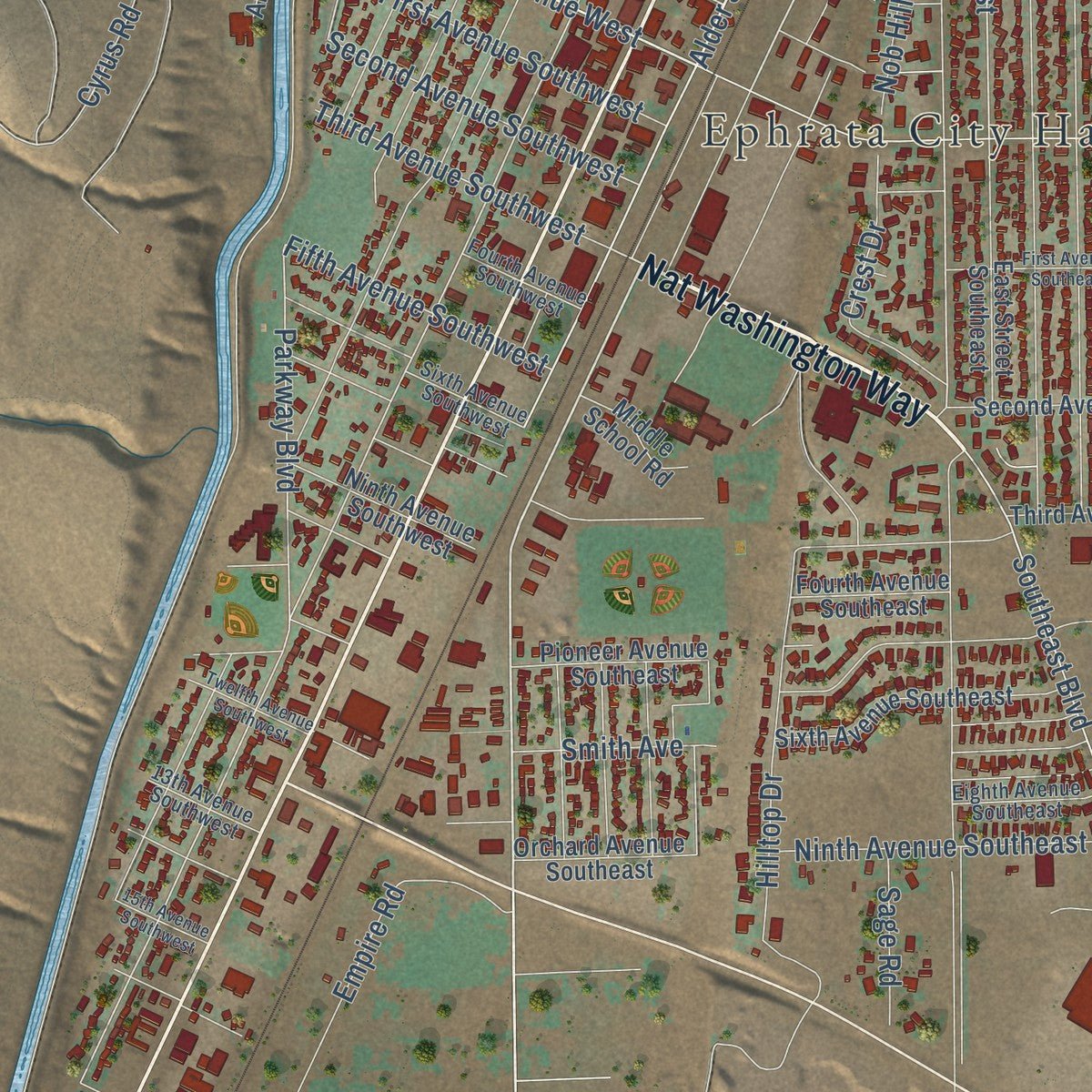 Close-up of the map of Ephrata, Washington print showing street and building detail