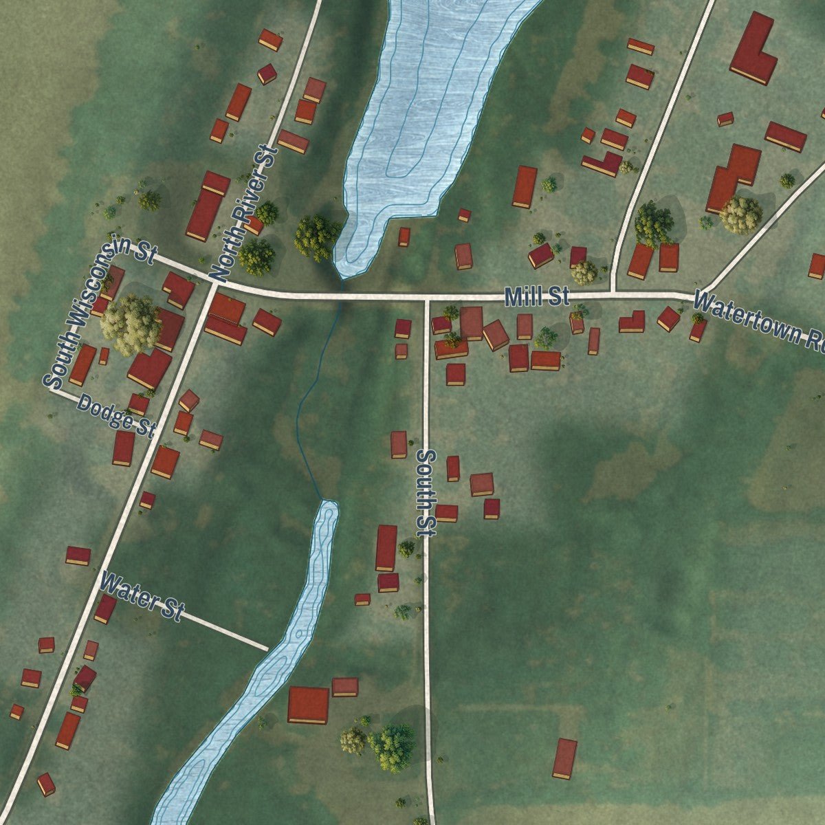 Close-up of the map of Lowell, Wisconsin print showing street and building detail