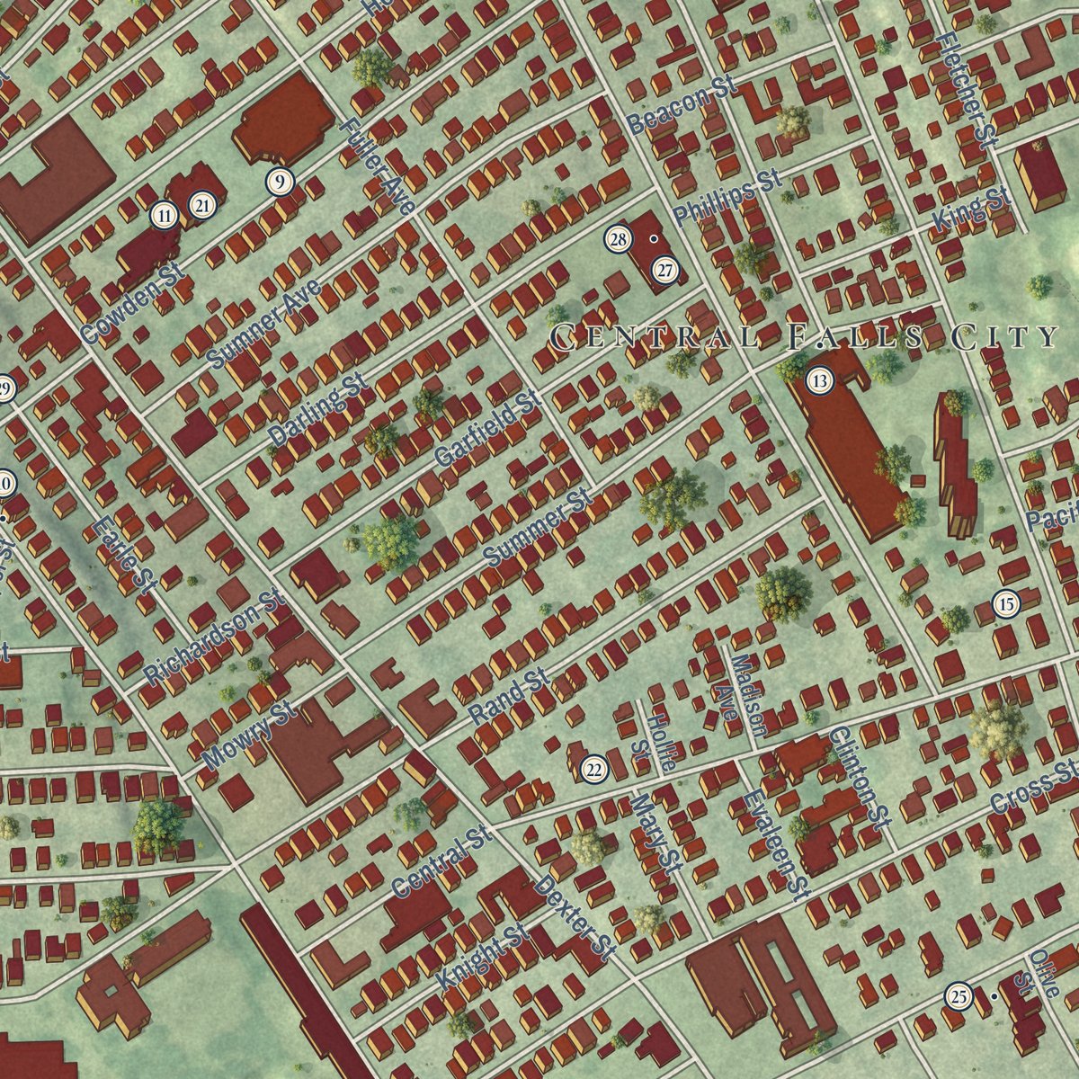 Close-up of the map of Central Falls, Rhode Island print showing street and building detail