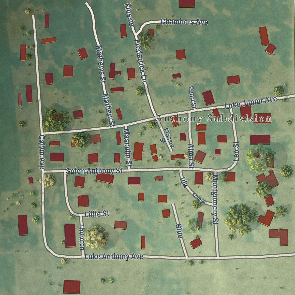 Close-up of the map of Anthonyville, Arkansas print showing street and building detail
