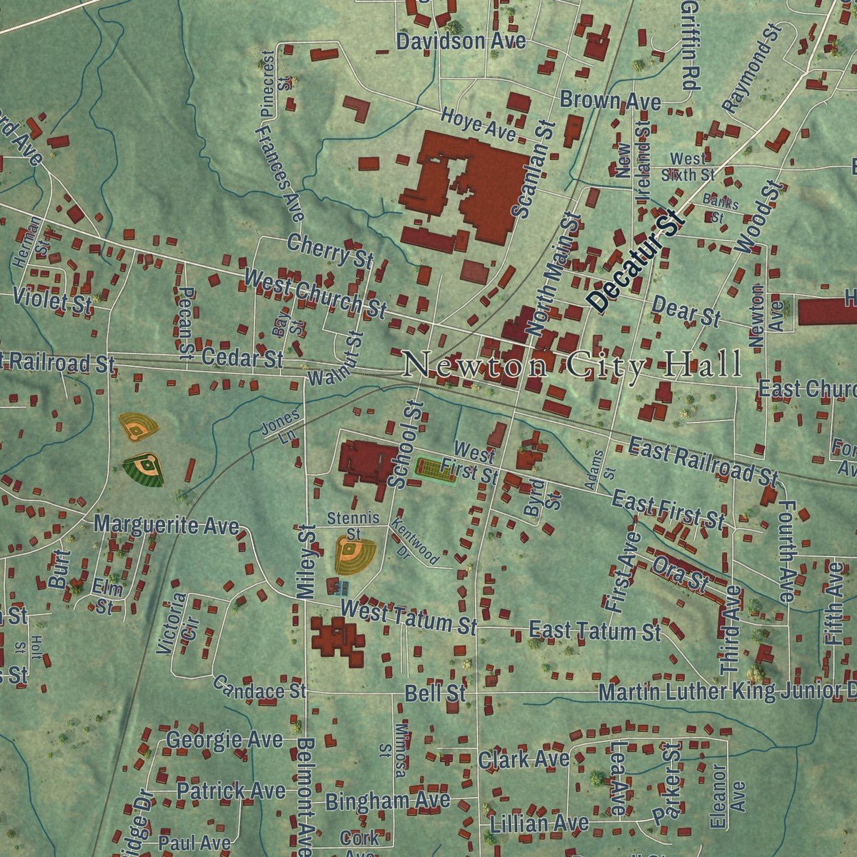 Close-up of the map of Newton, Mississippi print showing street and building detail