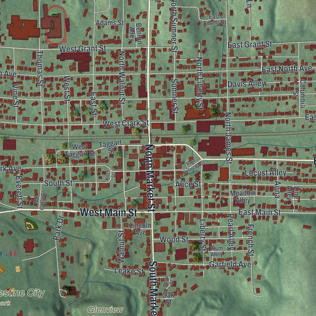 Close-up of the map of East Palestine, Ohio print showing street and building detail