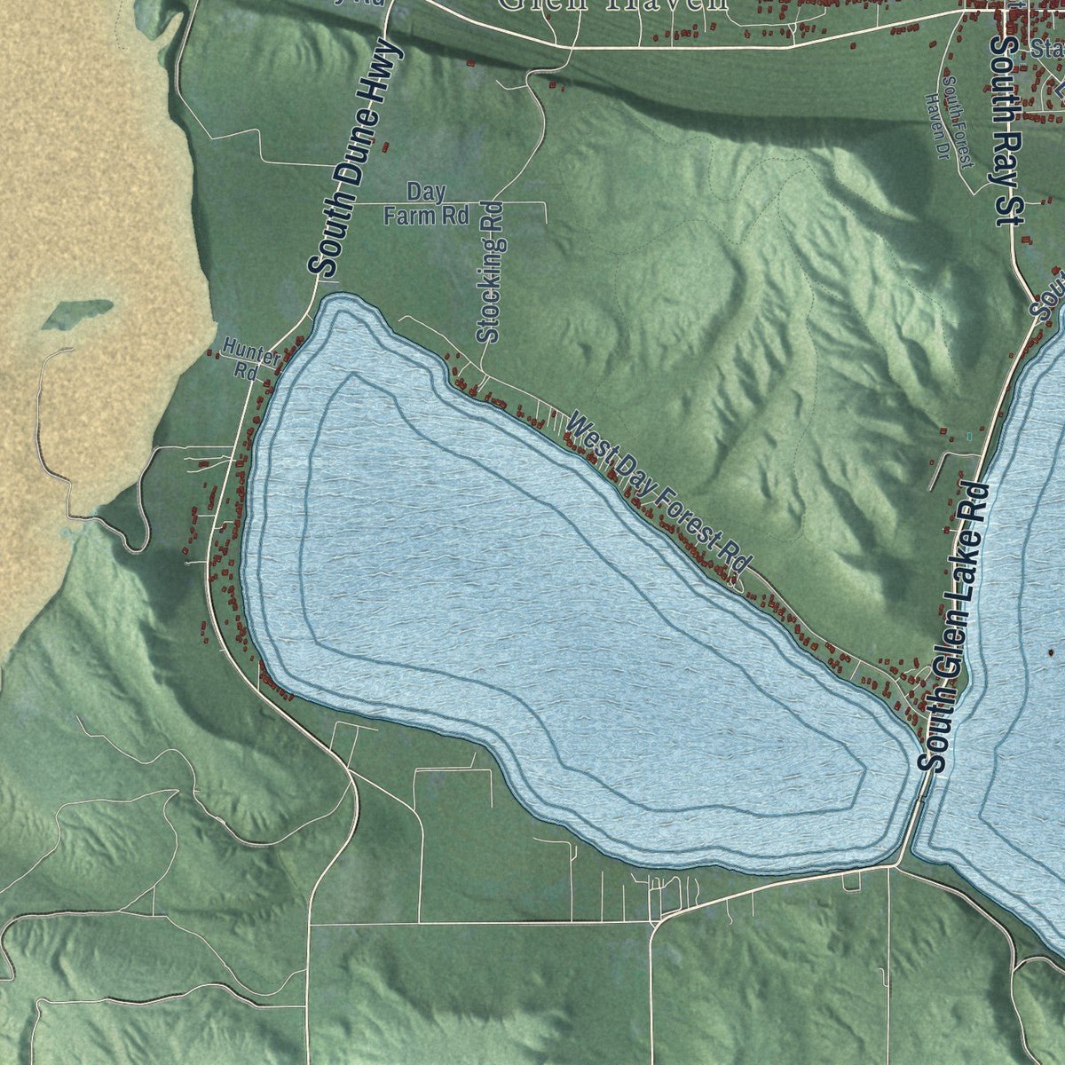 Close-up of the map of Glen Arbor, Michigan print showing street and building detail