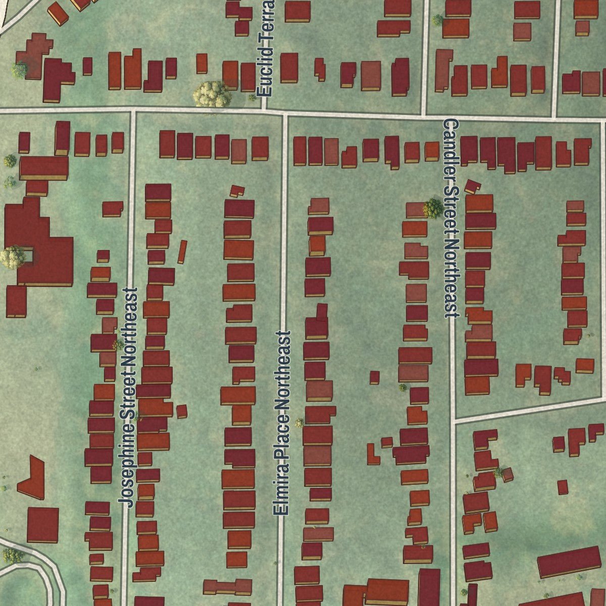 Close-up of the map of Candler Park, Georgia print showing street and building detail