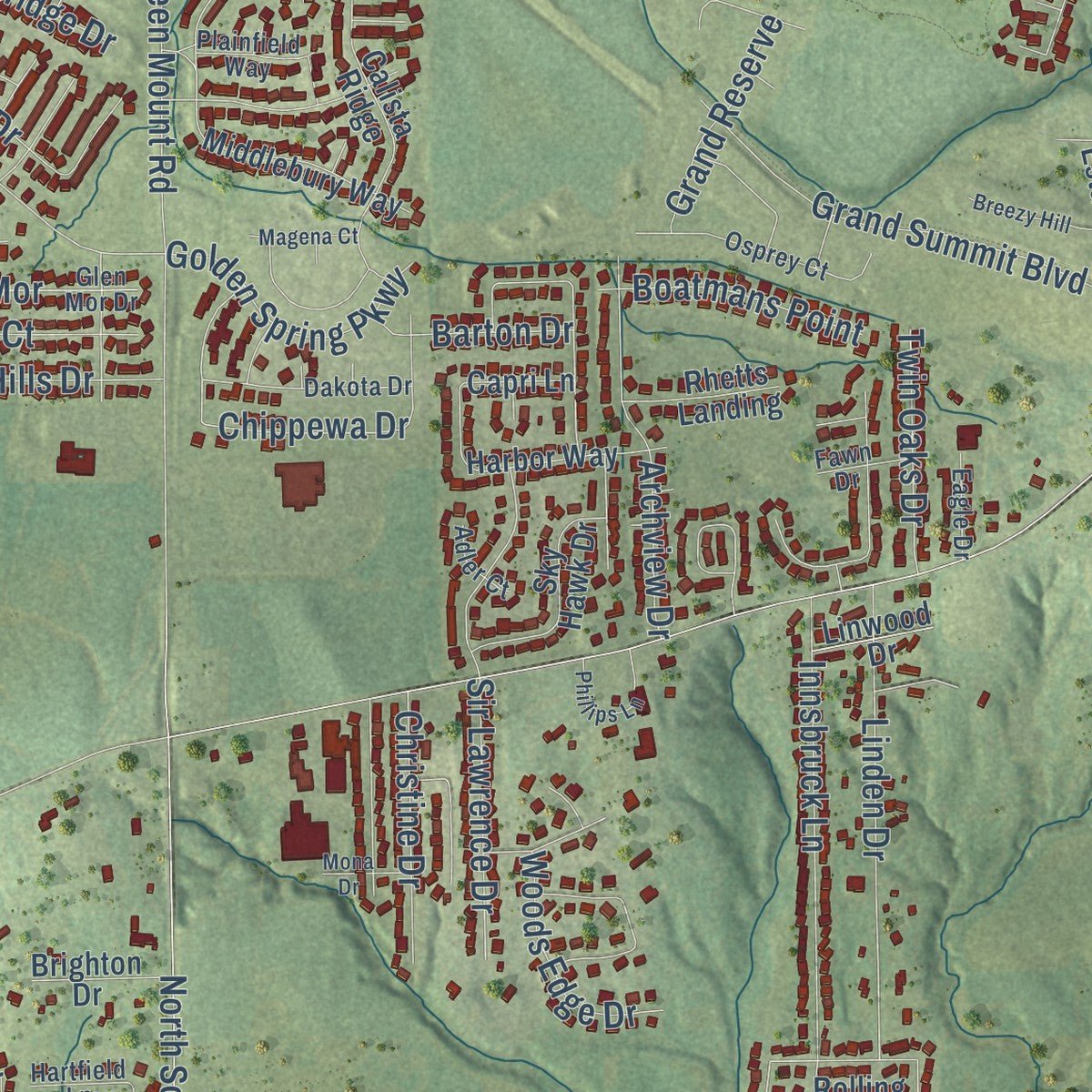 Close-up of the map of Shiloh, Illinois print showing street and building detail