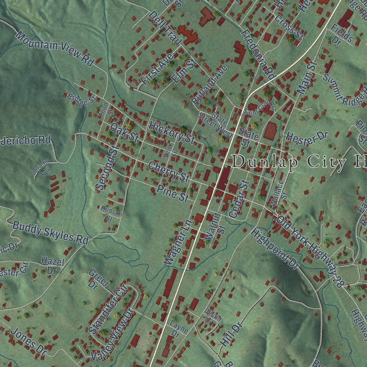 Close-up of the map of Dunlap, Tennessee print showing street and building detail