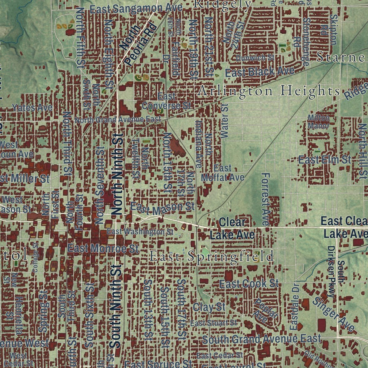 Close-up of the map of Springfield, Illinois print showing street and building detail