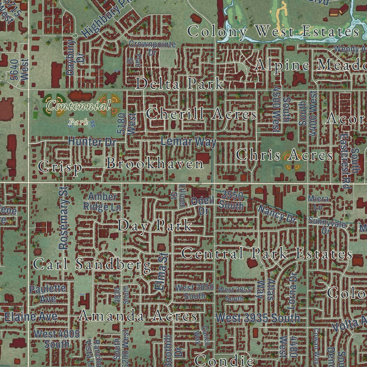Close-up of the map of West Valley City, Utah print showing street and building detail