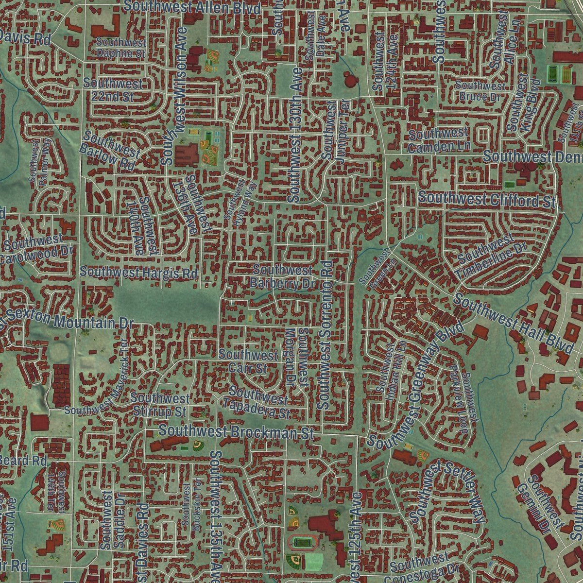 Close-up of the map of Beaverton, Oregon print showing street and building detail