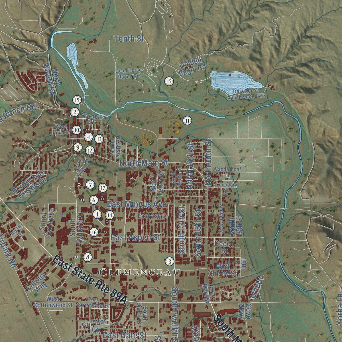 Close-up of the map of Cottonwood, Arizona print showing street and building detail