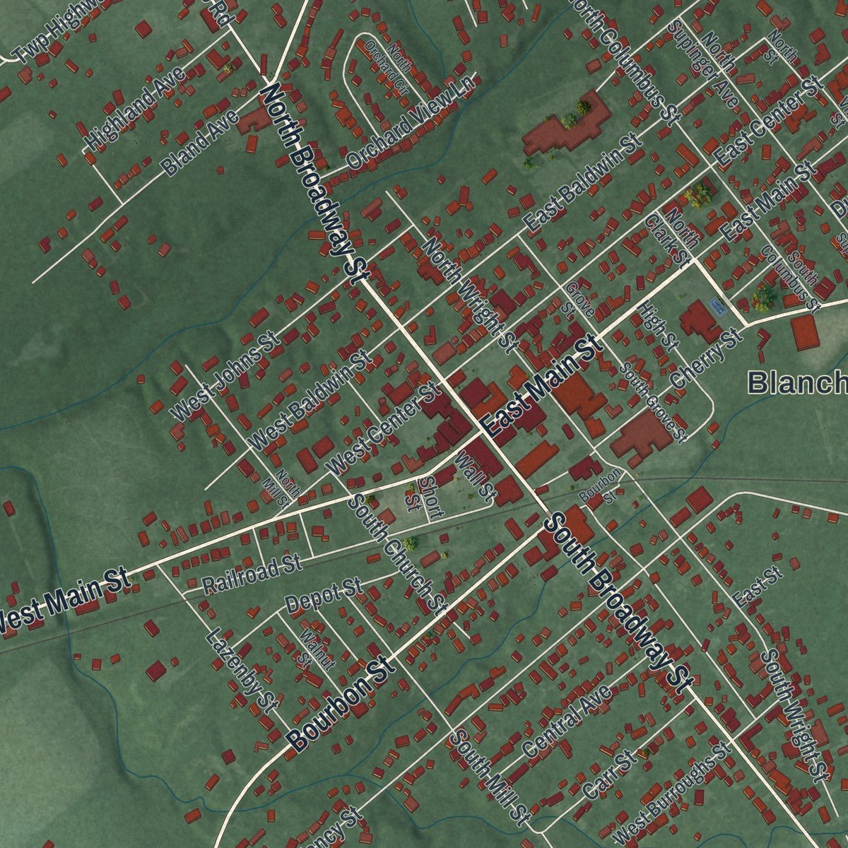 Close-up of the map of Blanchester, Ohio print showing street and building detail