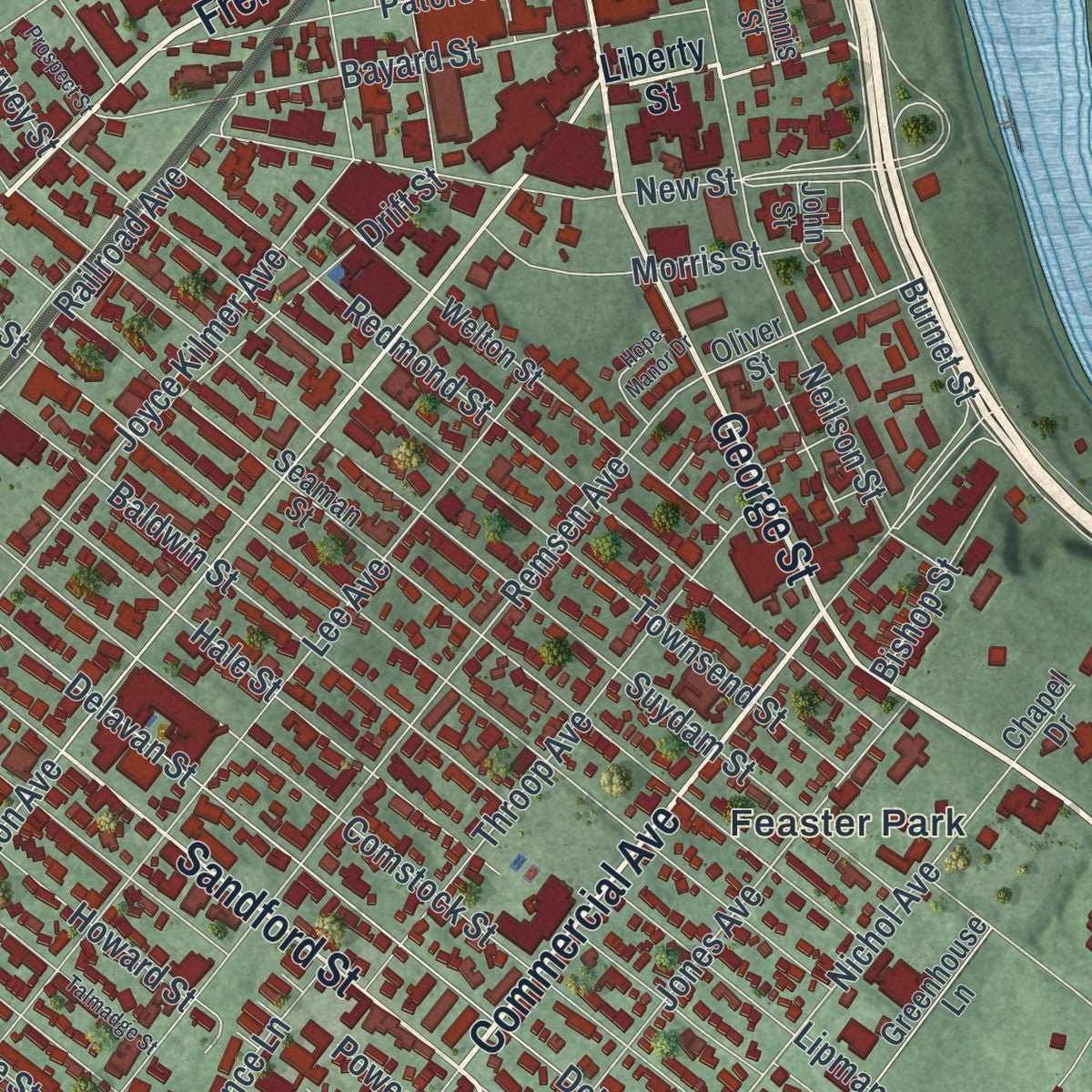 Close-up of the map of New Brunswick, New Jersey print showing street and building detail