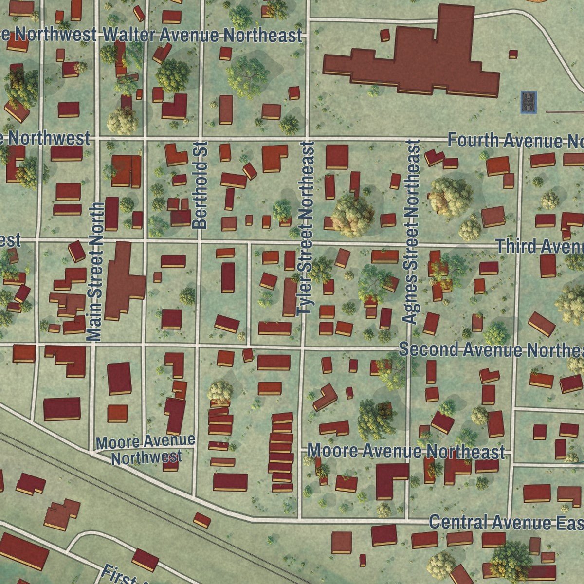 Close-up of the map of Berthold, North Dakota print showing street and building detail