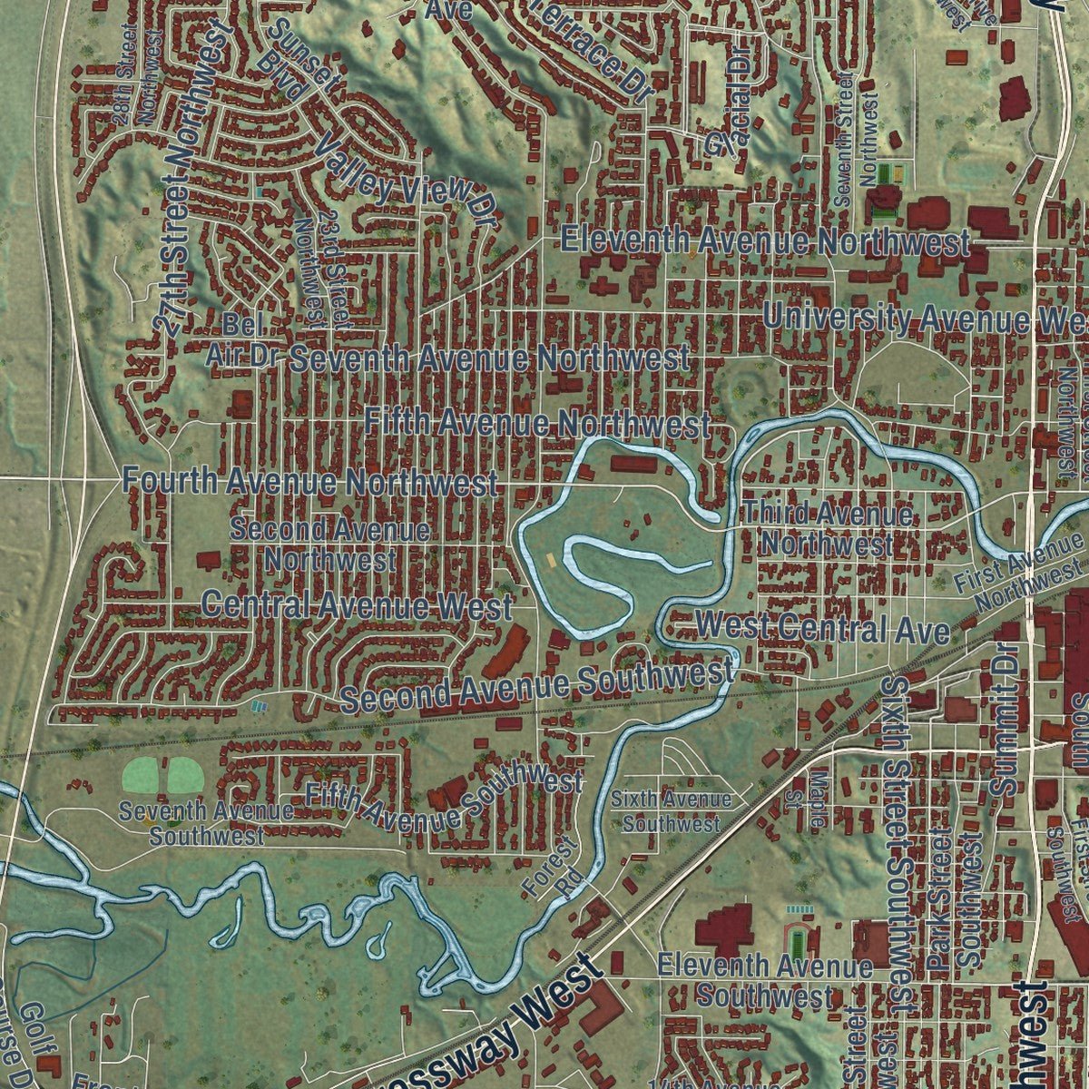 Close-up of the map of Minot, North Dakota print showing street and building detail