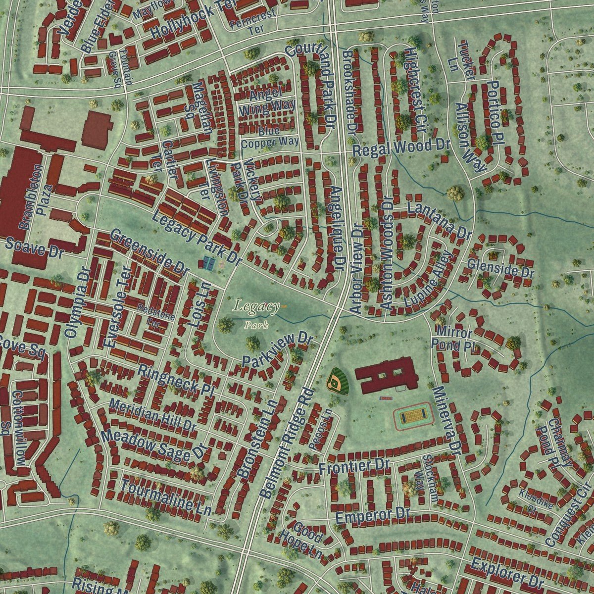 Close-up of the map of Brambleton, Virginia print showing street and building detail