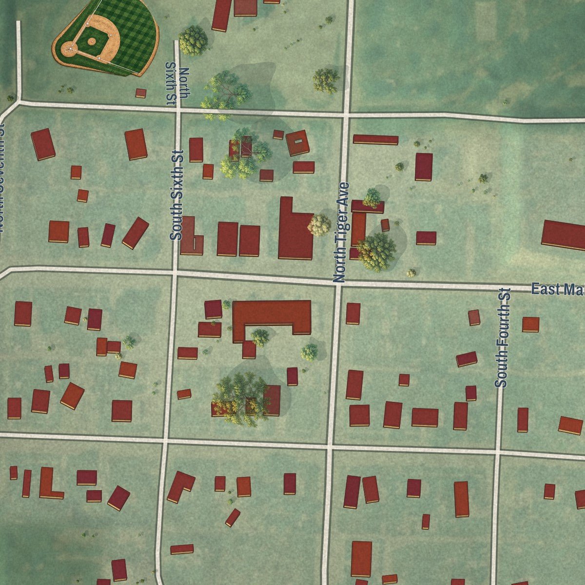 Close-up of the map of Morland, Kansas print showing street and building detail