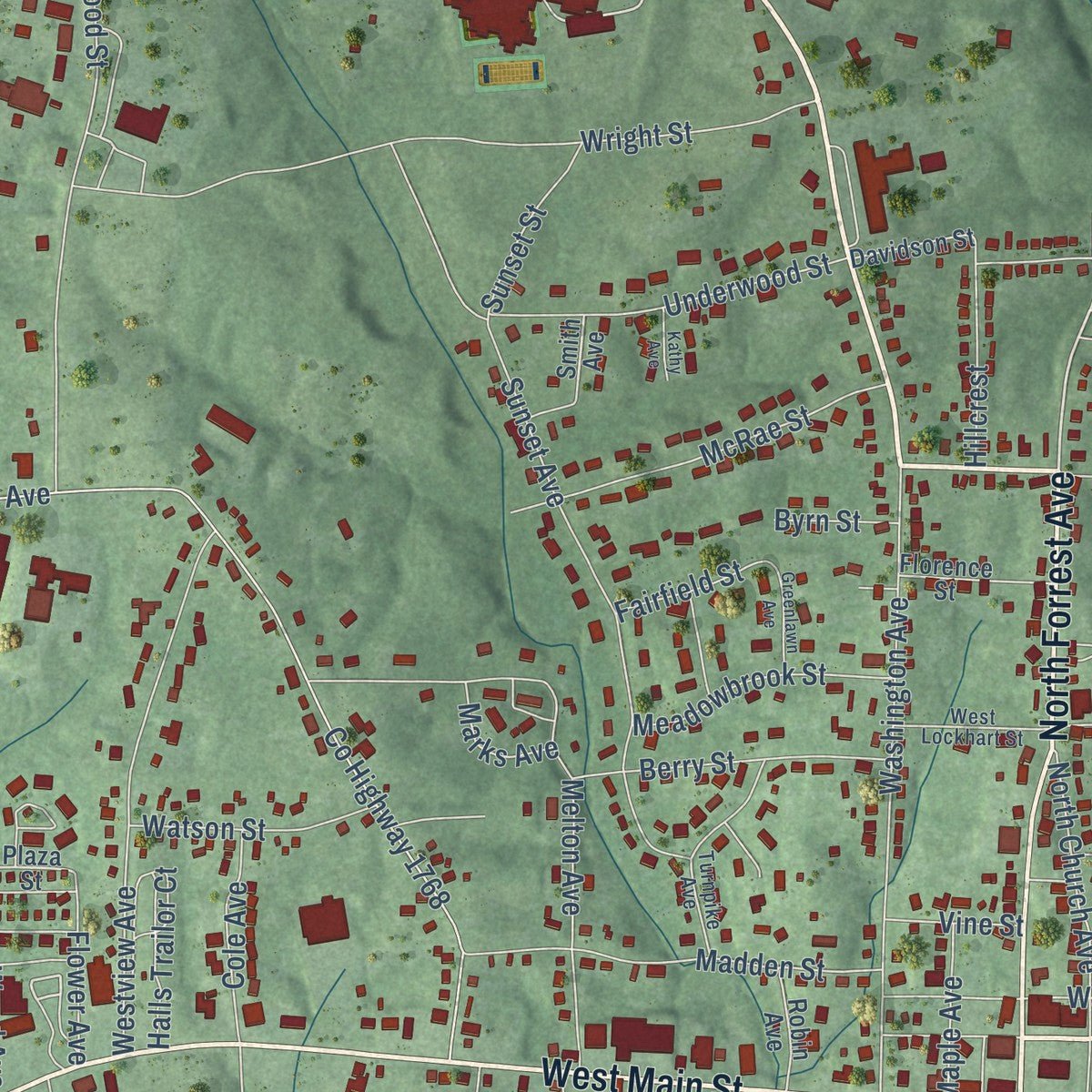 Close-up of the map of Camden, Tennessee print showing street and building detail
