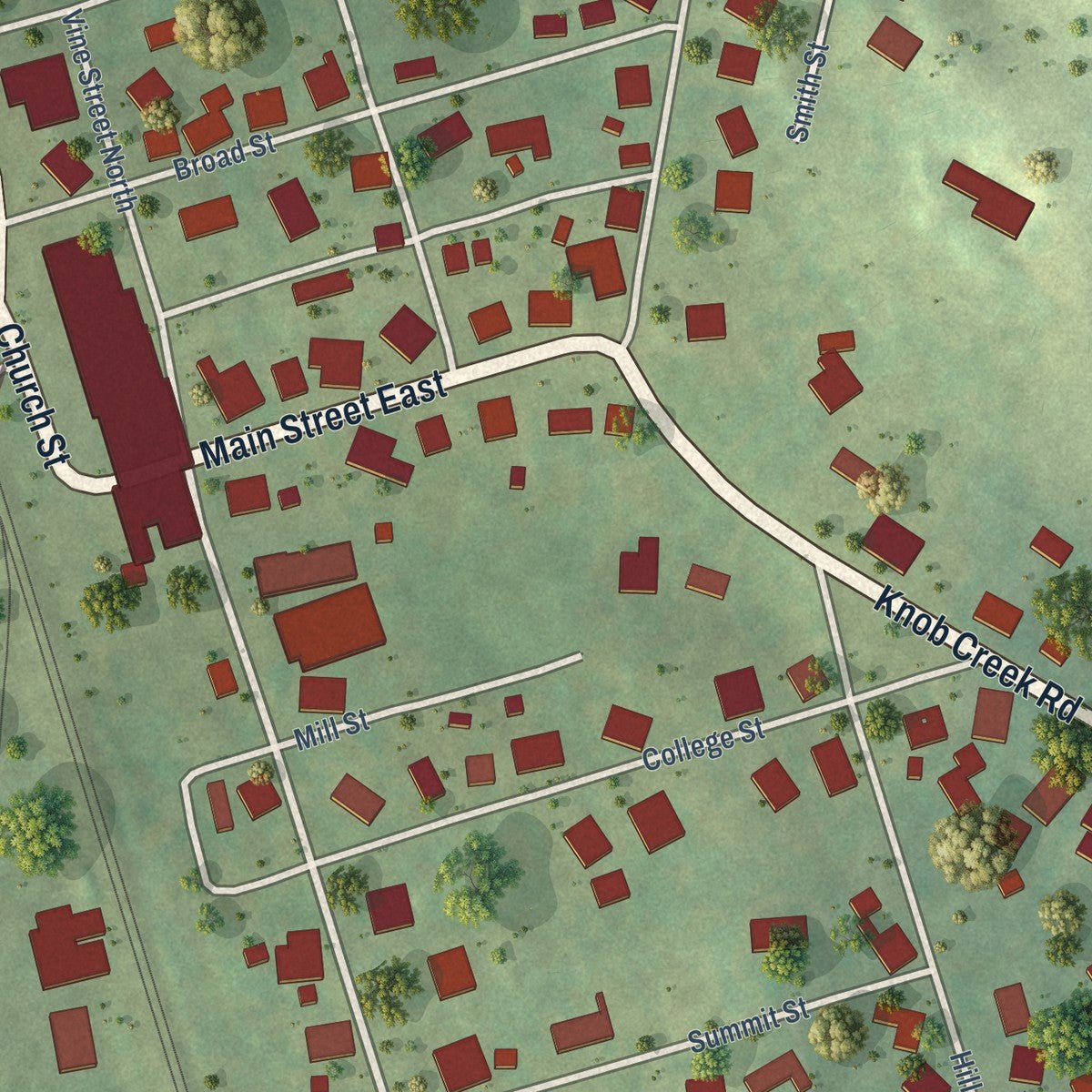 Close-up of the map of Wartrace, Tennessee print showing street and building detail