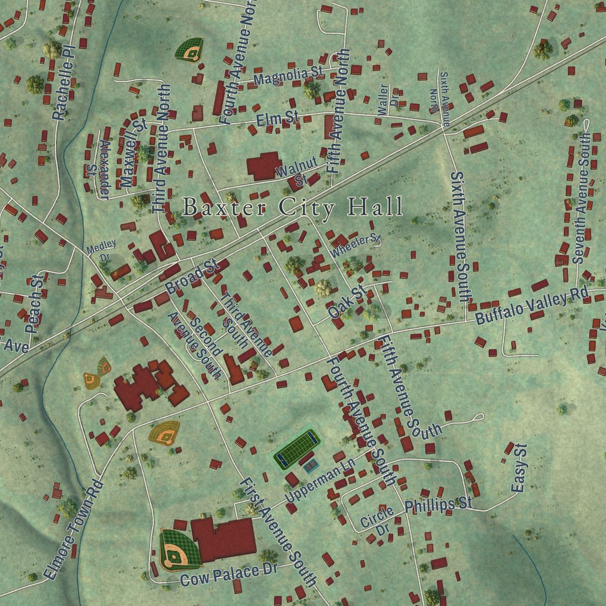 Close-up of the map of Baxter, Tennessee print showing street and building detail