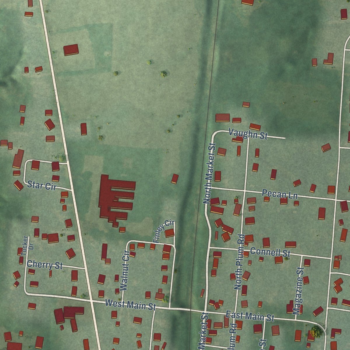 Close-up of the map of Fowlkes, Tennessee print showing street and building detail